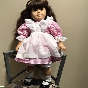 American Girl doll pink and white striped party dress with pinafore.